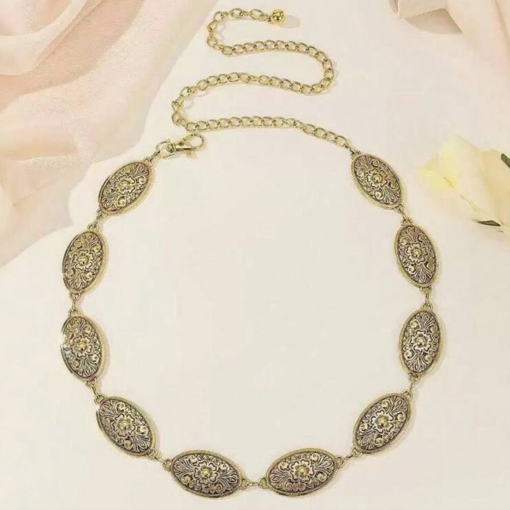 Plus Size Gold Western Vintage Distressed Texture Floral Waist Chain